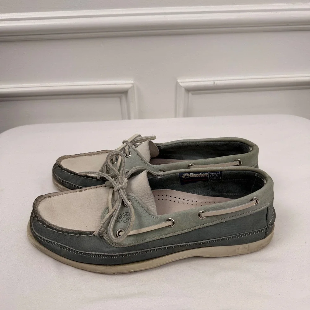 Dexter Mens Boat Shoes 9.5 M Blue Grey Cream Leather Made in USA P619-22 Loafers